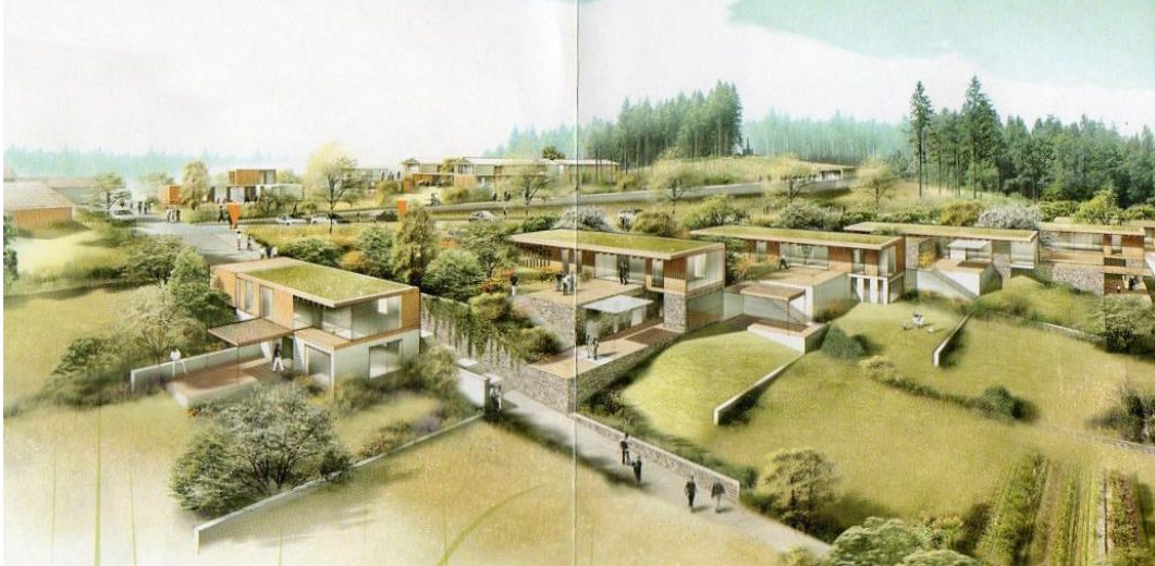 Akvarel prikaz bungalova s ravnim ozelenjenim krovovima na padini