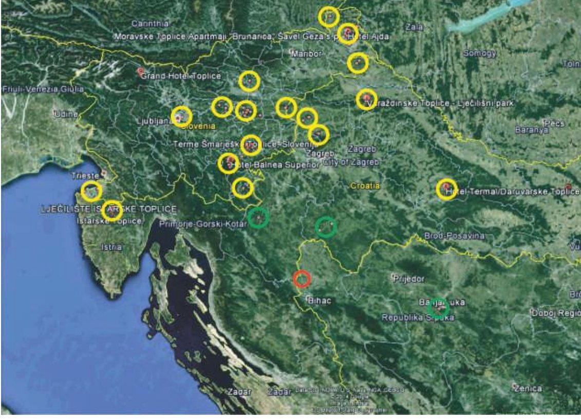 Satelitska karta regije s označenim banjskim centrima